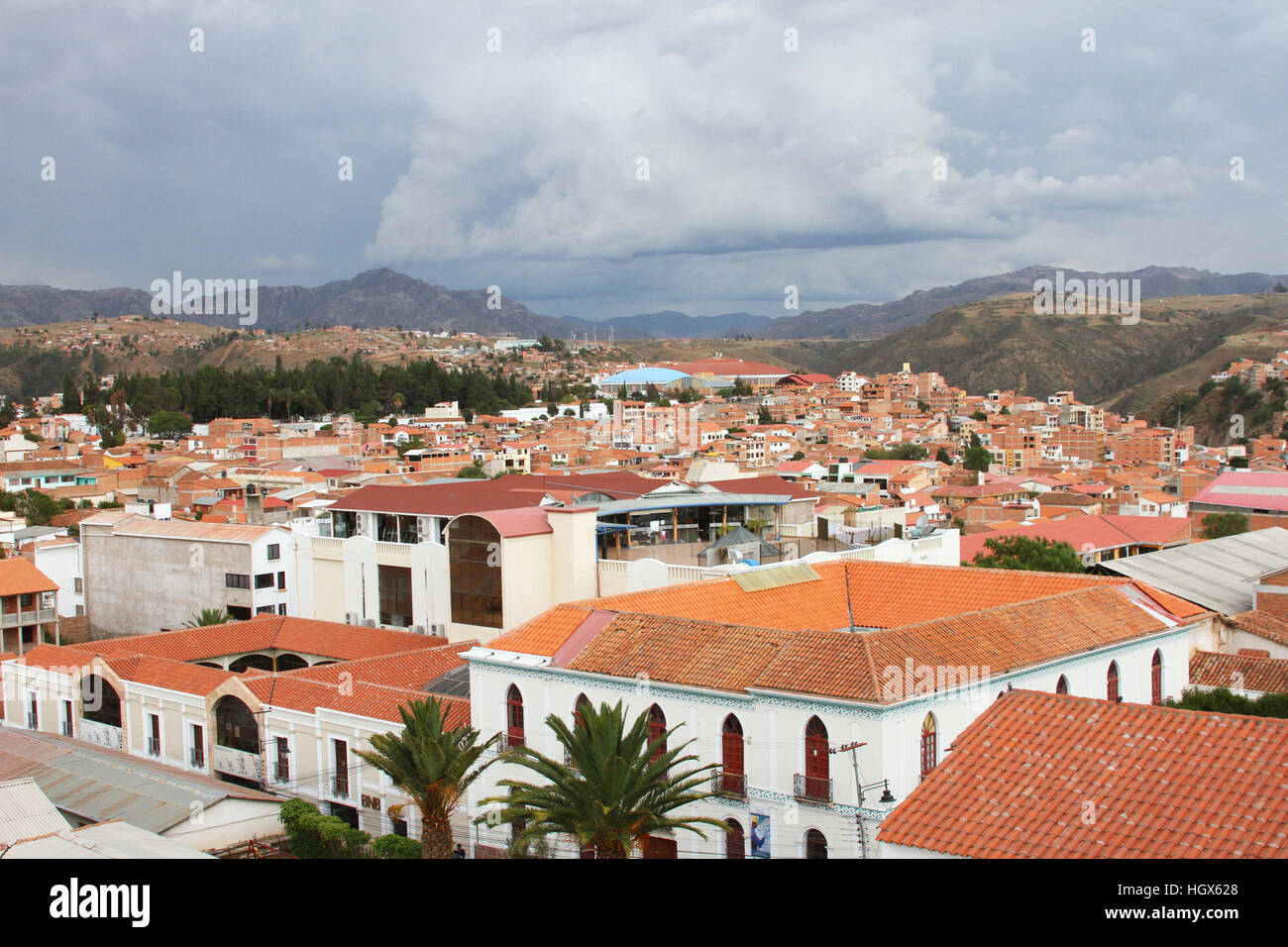Sucre, Bolivia - December 7, 2016: Rooftop view with terracotta tiles of Sucre, Bolivia on December 7, 2016 Stock Photo