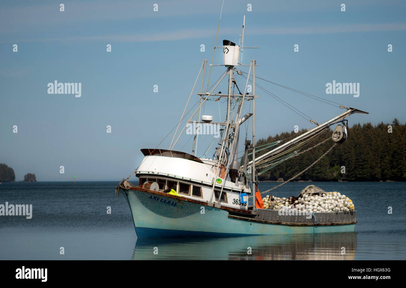 A seiner fishing boat on Kodiak Island in Alaska. A commercial fishing boat, used for purse seining in the Alaskan salmon Stock Photo