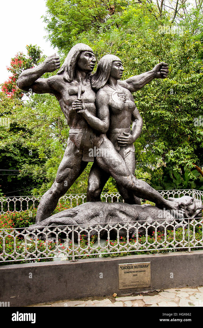 A statue for represent colombian native peoples in park  of  Pueblito Paisa. Stock Photo