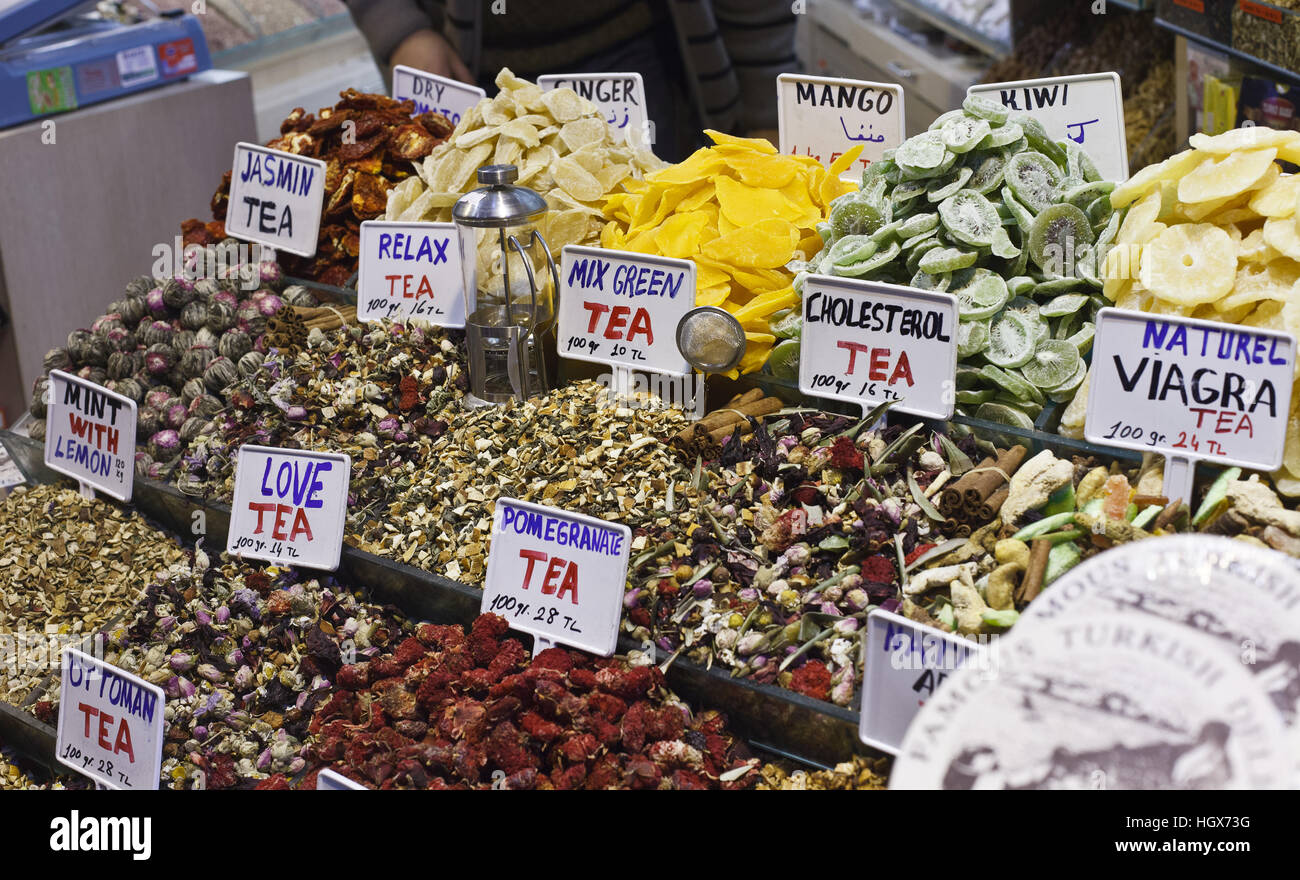 Herbal tea and dried fruits for sale in Istanbul Grand Bazaar Stock Photo
