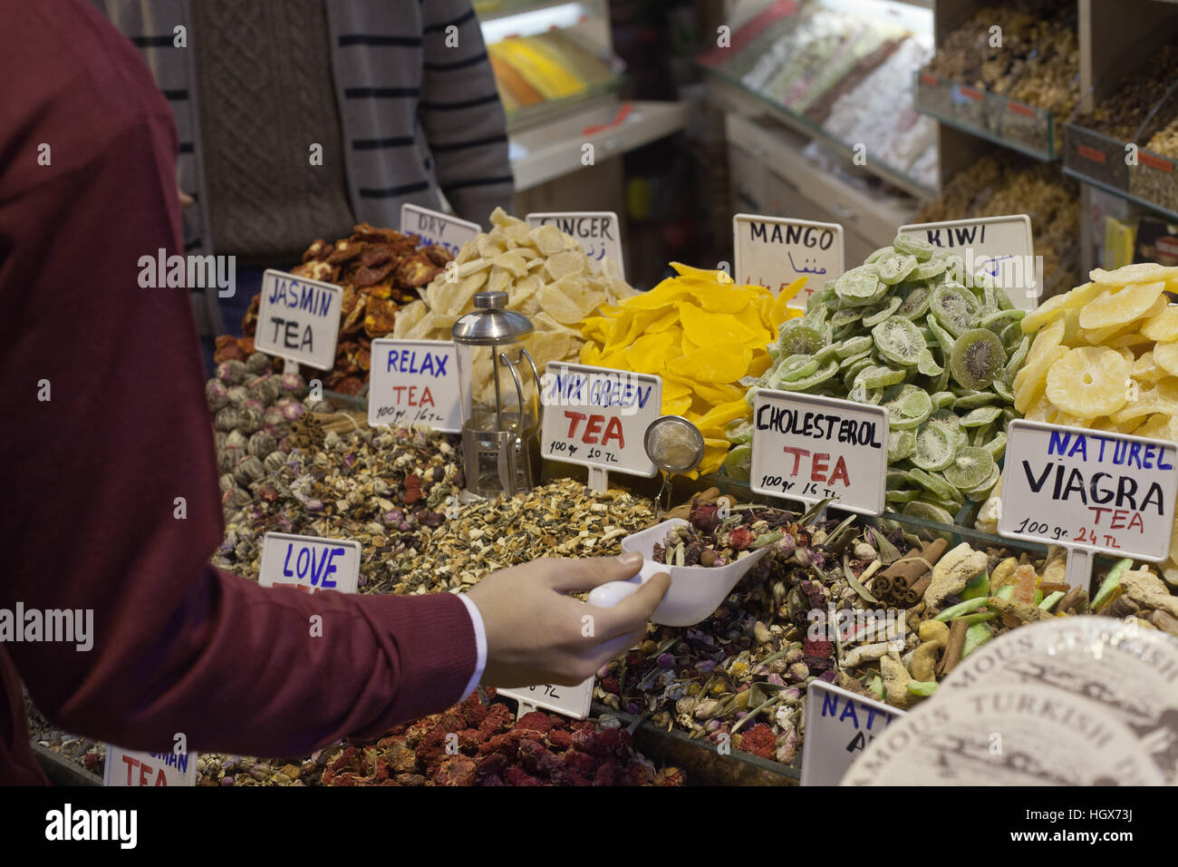 Herbal tea and dried fruits for sale in Istanbul Grand Bazaar Stock Photo