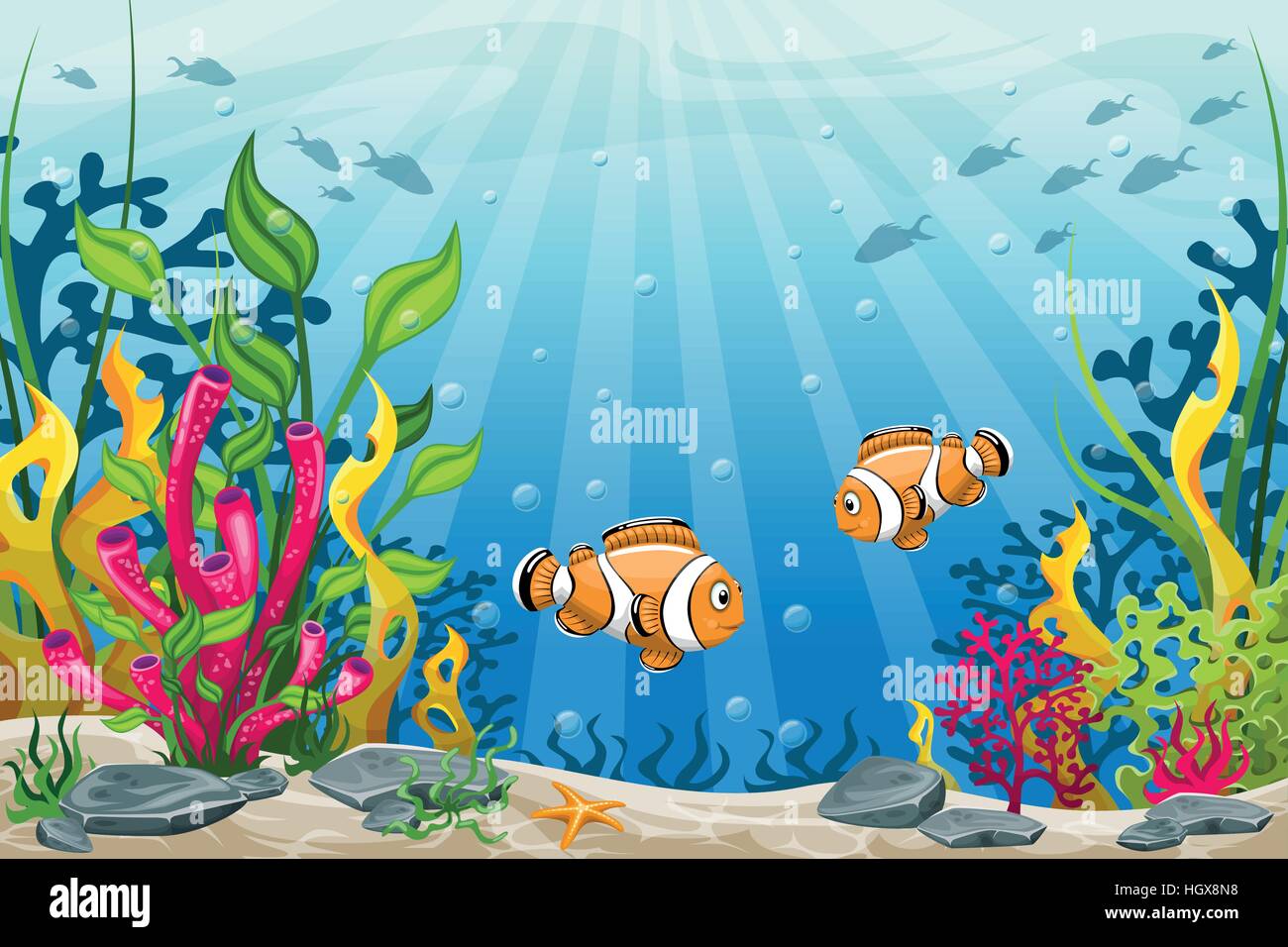 Illustration of underwater landscape with clownfish Stock Vector