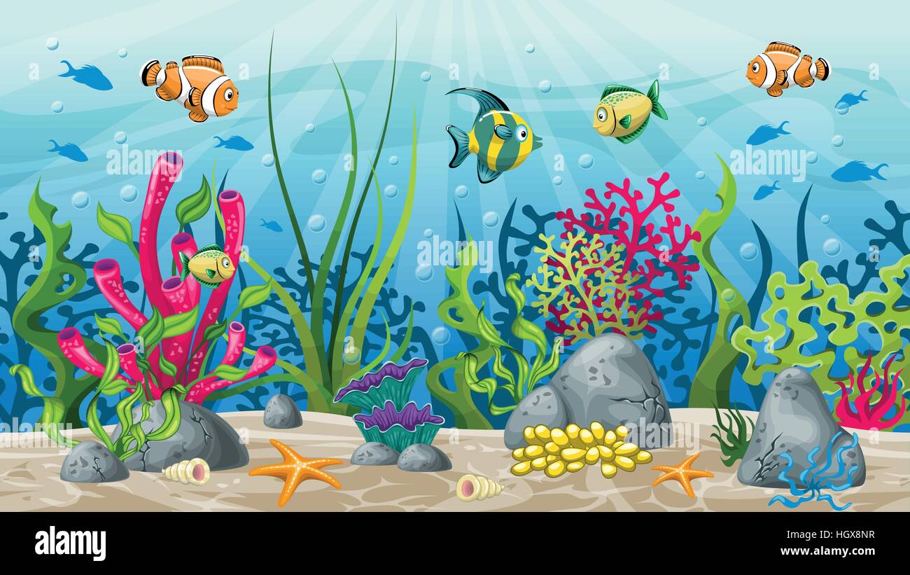 Illustration of underwater landscape with plant and fish Stock Vector ...