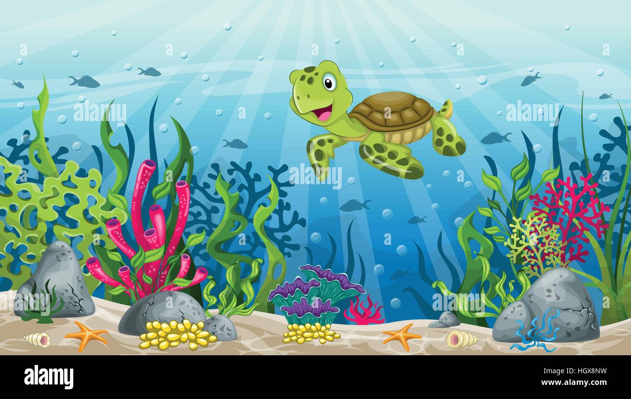 underwater landscape with turtle Stock Vector