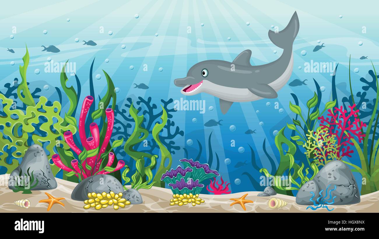 underwater landscape with dolphin Stock Vector