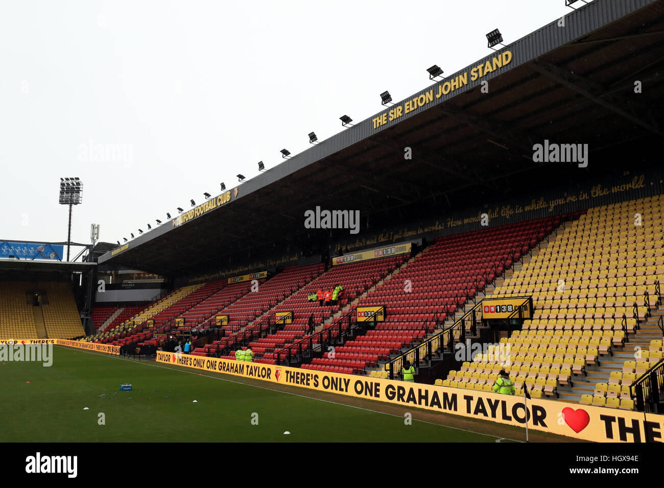 'There's only one Graham Taylor' can be seen on the perimeter boards in front of the Sir Elton John Stand ahead of the Premier League match at Vicarage Road, Watford. Stock Photo