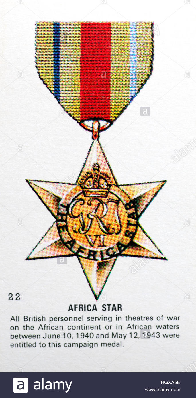 Africa Star Medal, British medal awarded to all military personnel who saw action in Africa between 1940 and 1943. Stock Photo