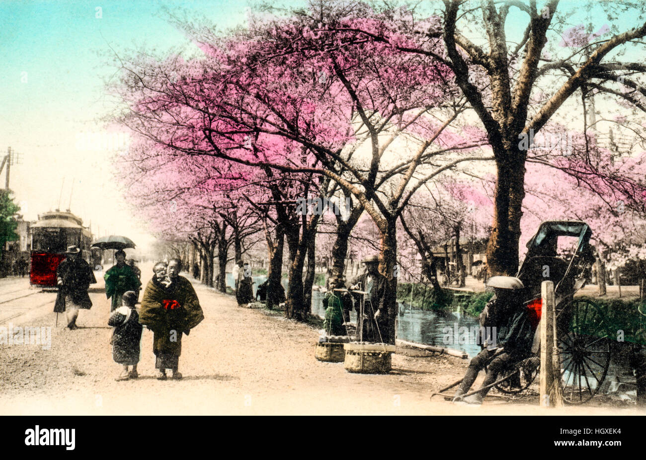 Japan, Tokyo. Vintage postcard hand coloured. Cherry blossoms at Yedogawa, river. People enjoying hana-mi. Rickshaw waiting. Stock Photo