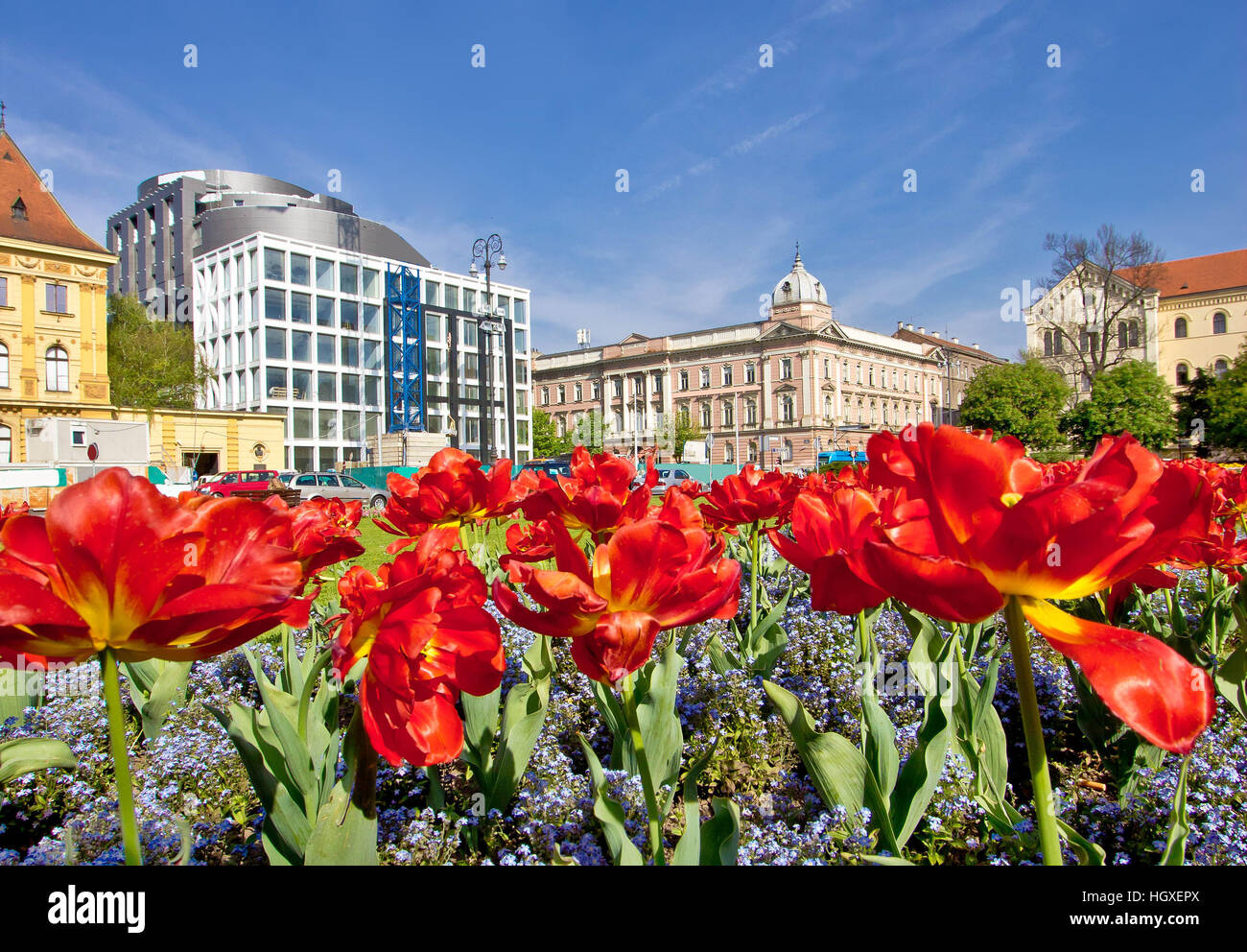 Zagreb colorful flora and architecture, Marshal Tito square Stock Photo