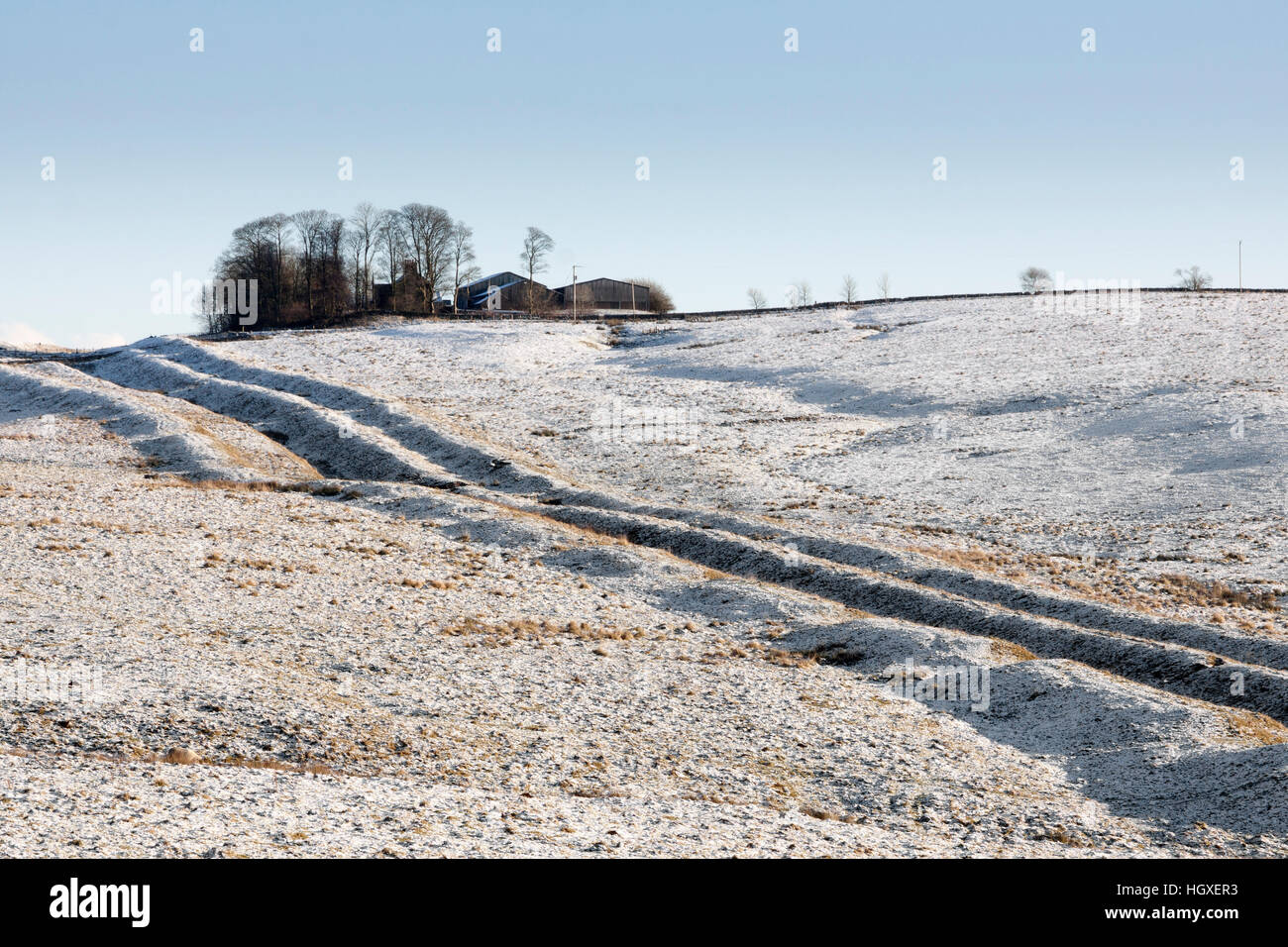 Hadrian's Wall: the Roman Vallum at Cawfield, under a light covering of snow Stock Photo