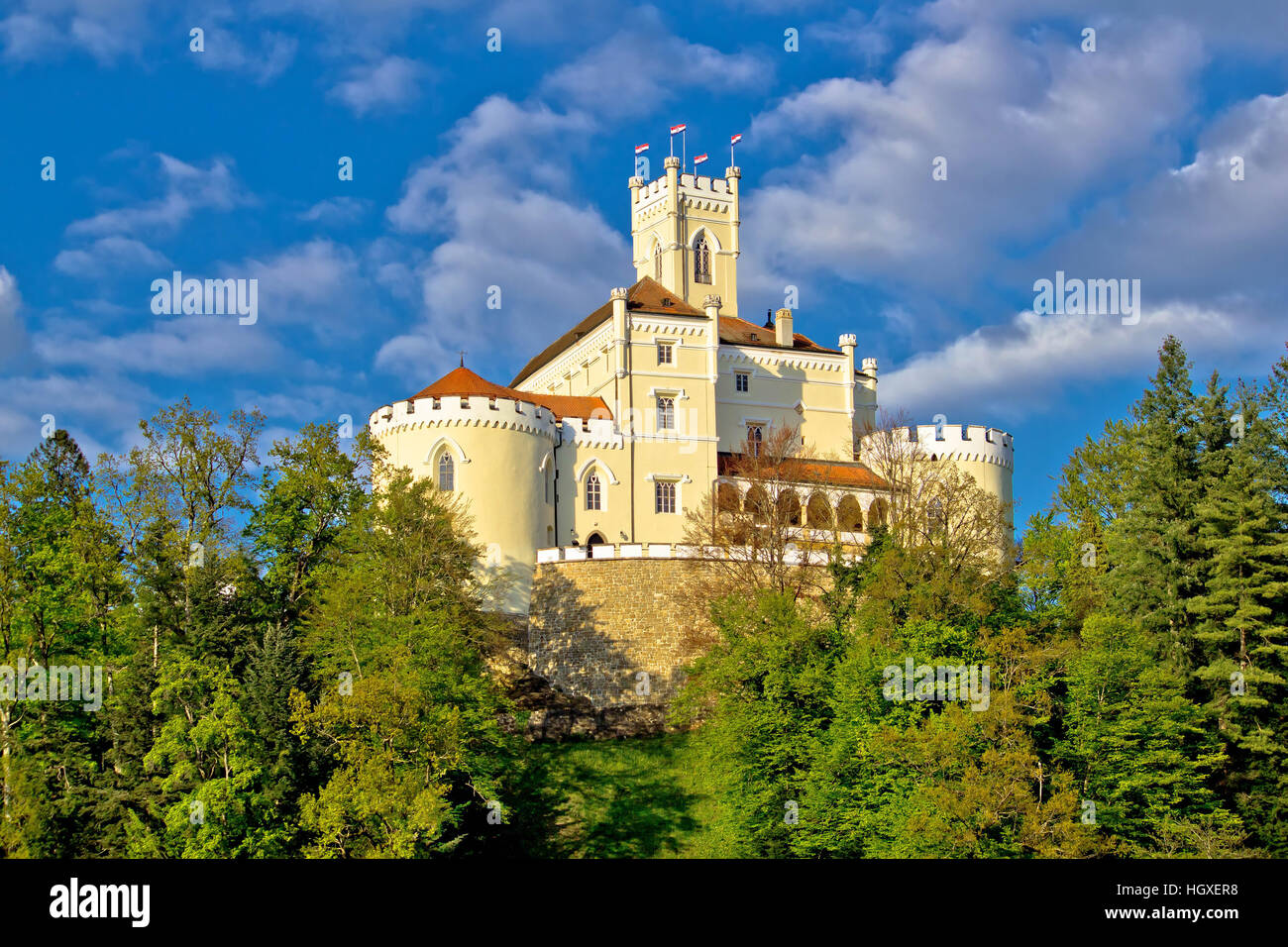 Colorful castle on green hill, Trakoscan, Croatia Stock Photo