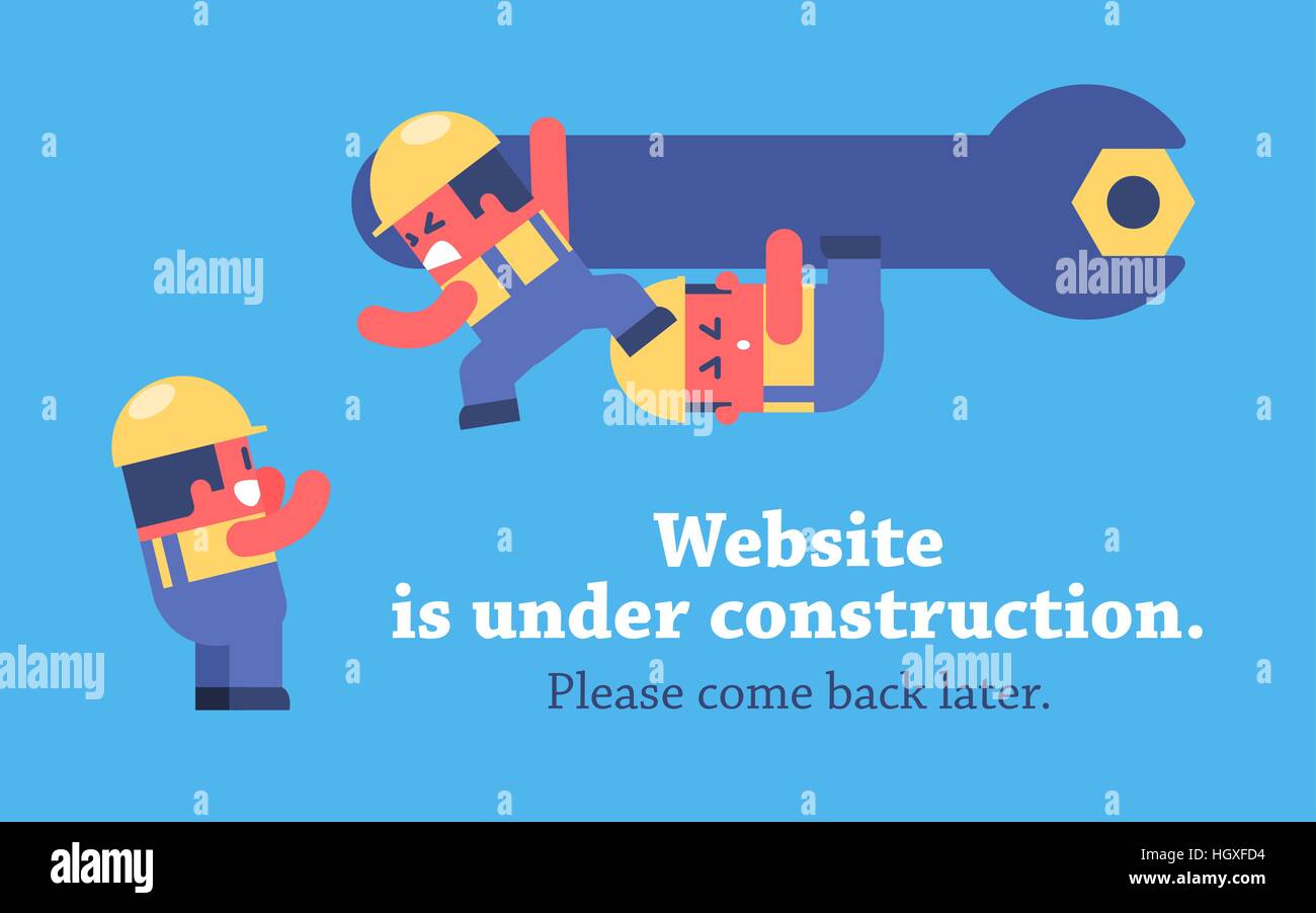 Page under construction design. Funny cartoon workers repairing website using huge spanner. Stock Vector