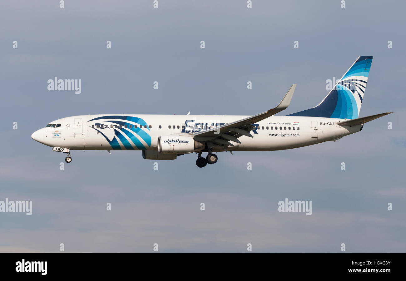 Barcelona, Spain - January 8, 2017: Egyptair Boeing 737-800 approaching to the El Prat Airport in Barcelona, Spain. Stock Photo