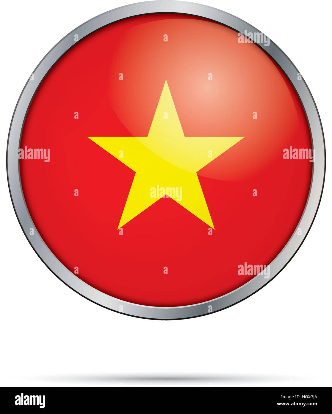 Vector Vietnamese flag Button. Vietnam flag in glass button style with metal frame. Stock Vector