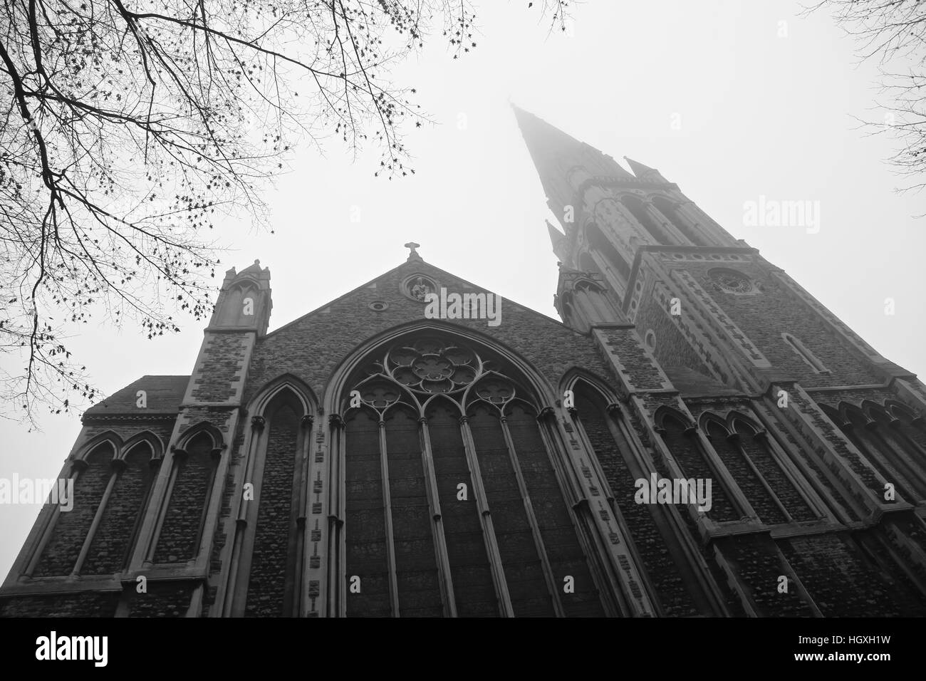 Fog rolls around the steeple of St, Matthews Church in Bayswater, London, England. Stock Photo
