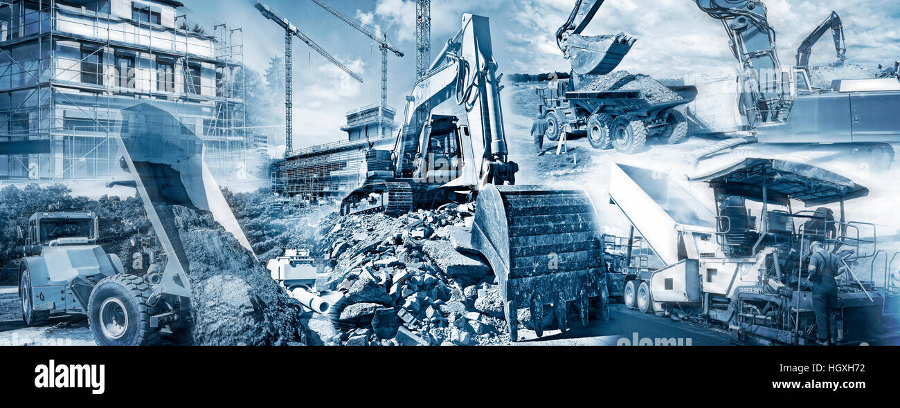 Various types of construction machinery with construction sites and buildings under construction. Stock Photo