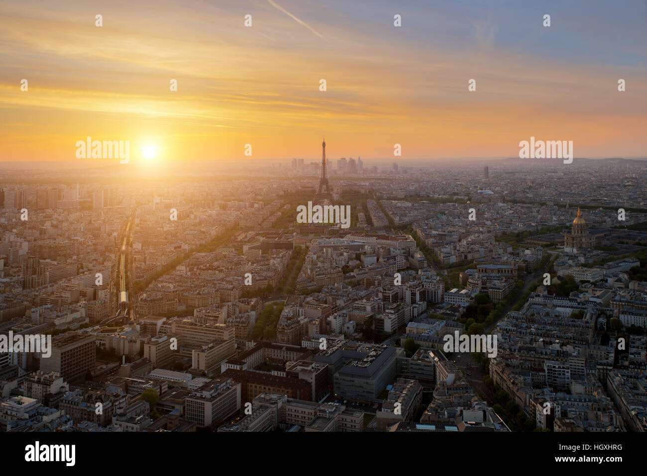 Aerial view of Paris skyline with Eiffel Tower at sunset in Paris, France. Stock Photo