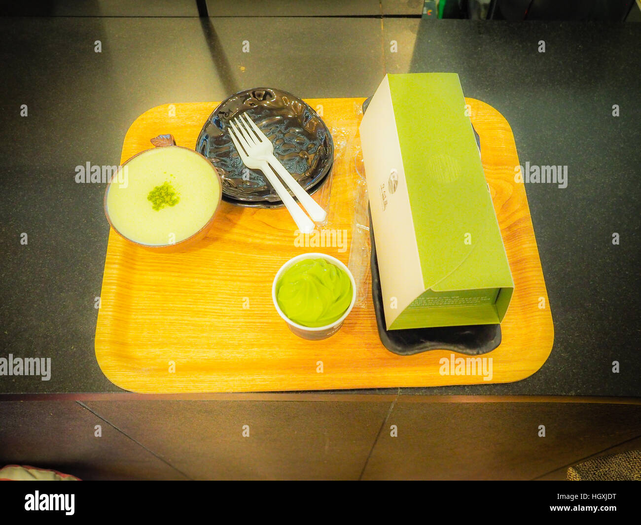 Set of green tea cake, green tea ice cream and hot latte green tea coffee from Osulloc tea