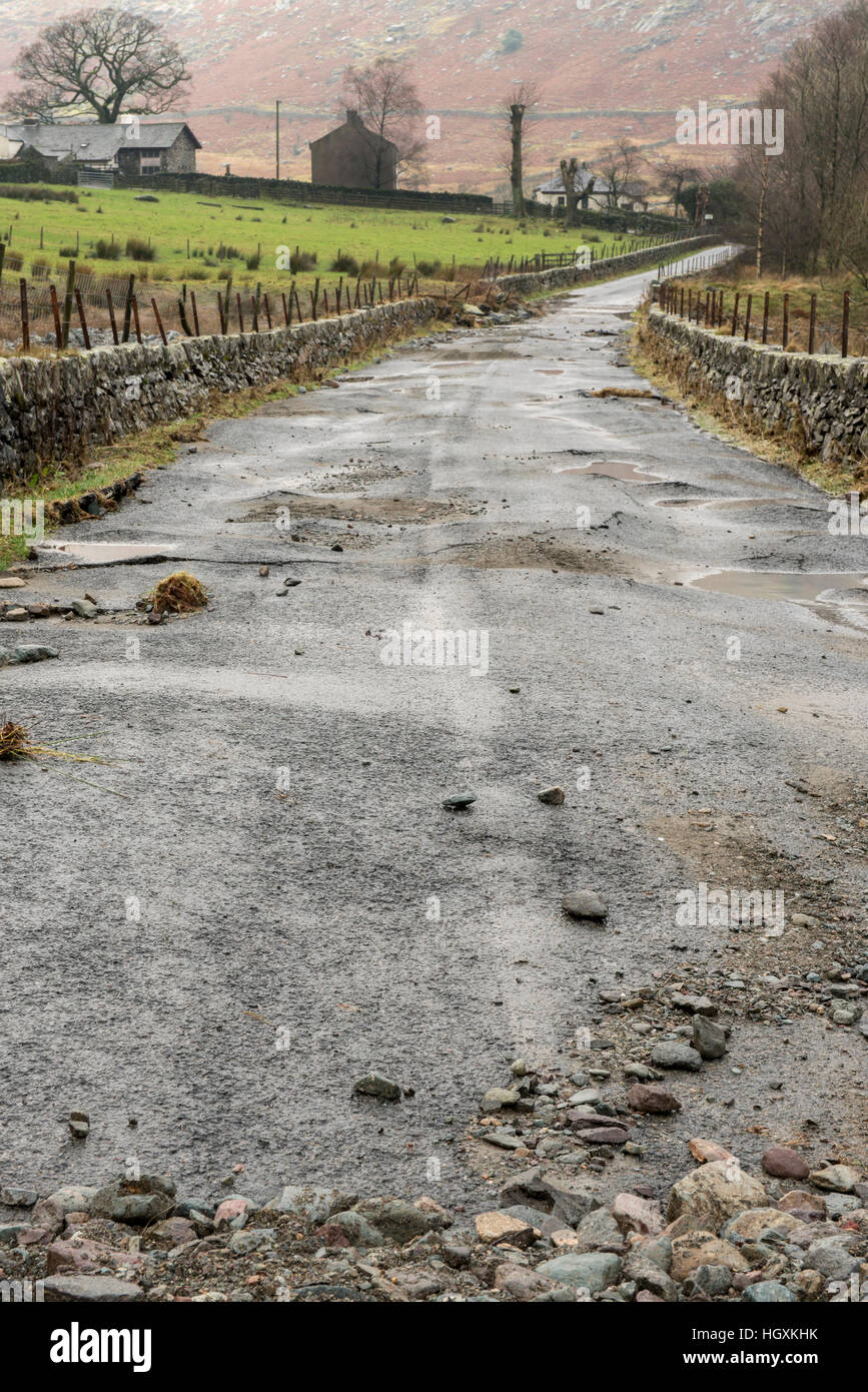 flood damage to Lake District roads after Storm Desmond hits, Cumbria, England, UK weather Stock Photo