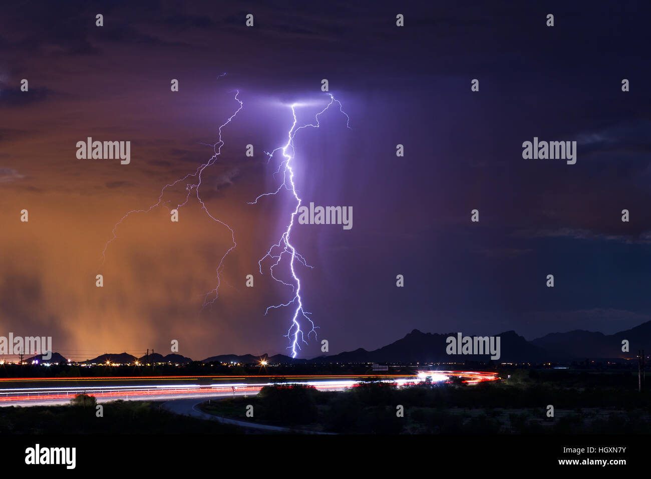 Vivid lightning during a monsoon storm over Tucson, Arizona Stock Photo