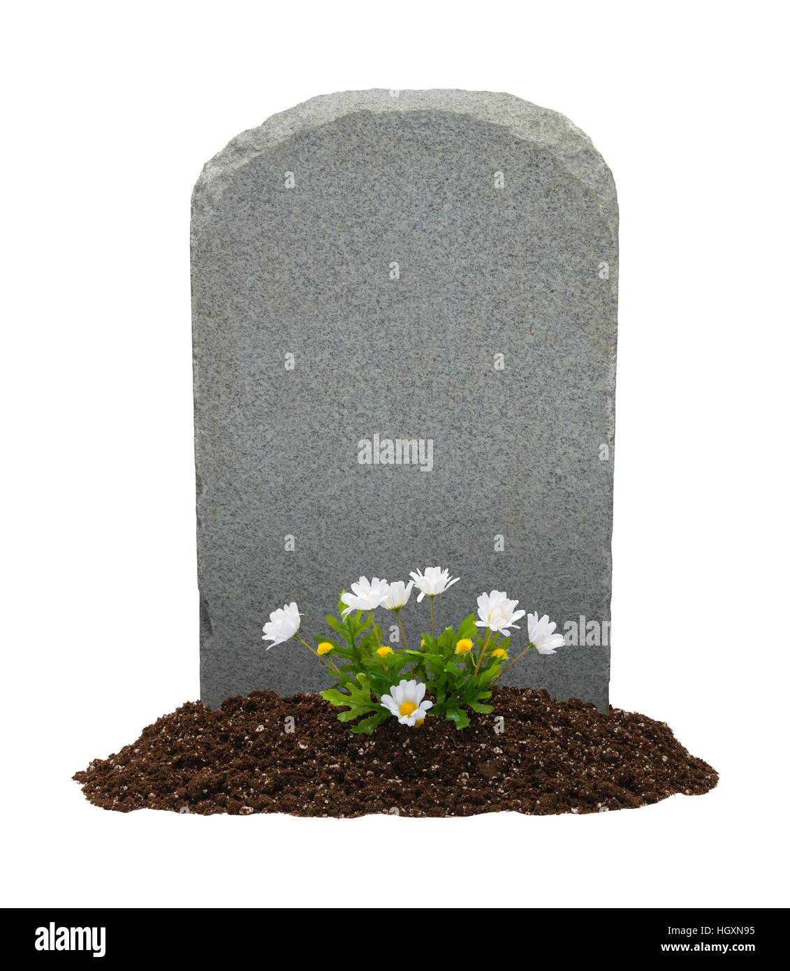 Headstone and Flowers with Copy Space Isolated on White Background. Stock Photo