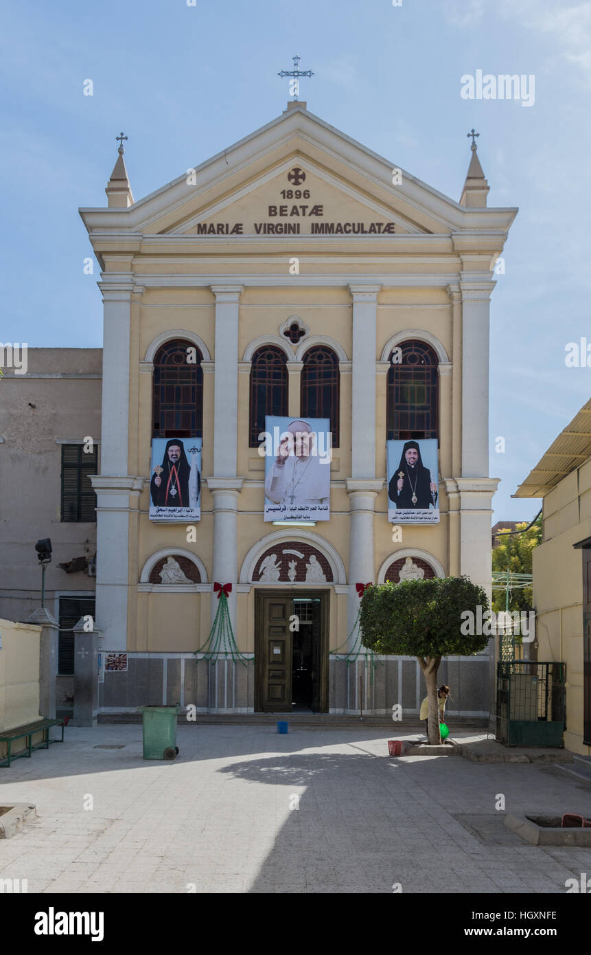 Immaculate Conception Roman Catholic Church (facade) in Aswan, Upper Egypt Stock Photo