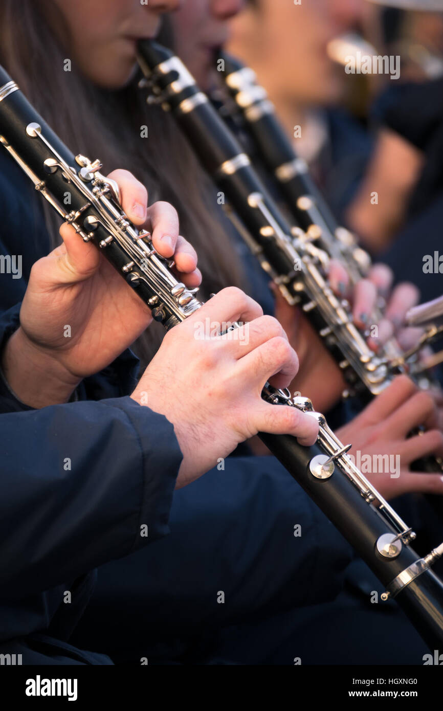 Clarinets of a town band during a performance. Stock Photo