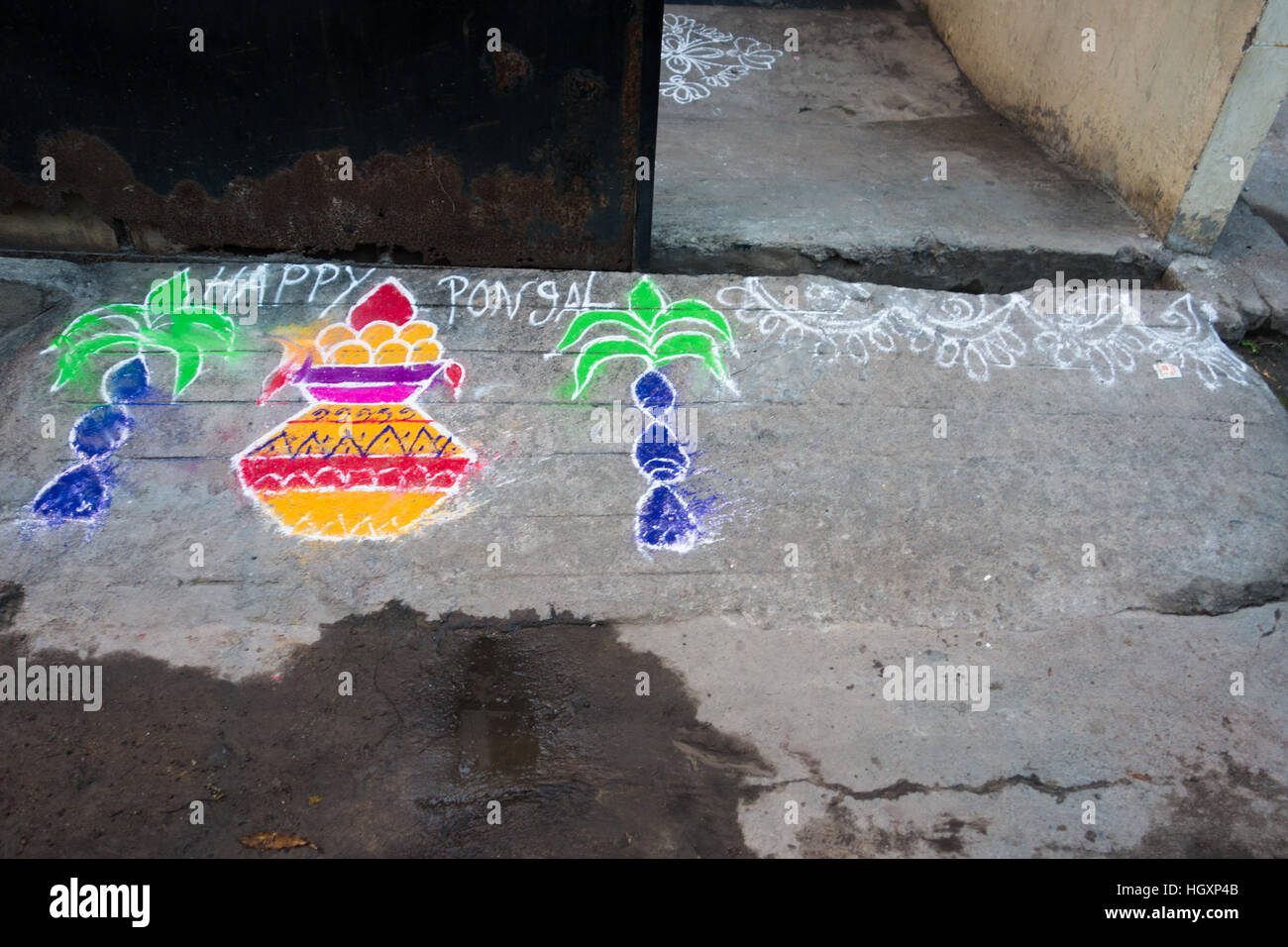 HYDERABAD, INDIA - JANUARY 14,2017 Decorative floral patterns known as Rangoli outside a home on Pongal festival in Hyderabad Stock Photo