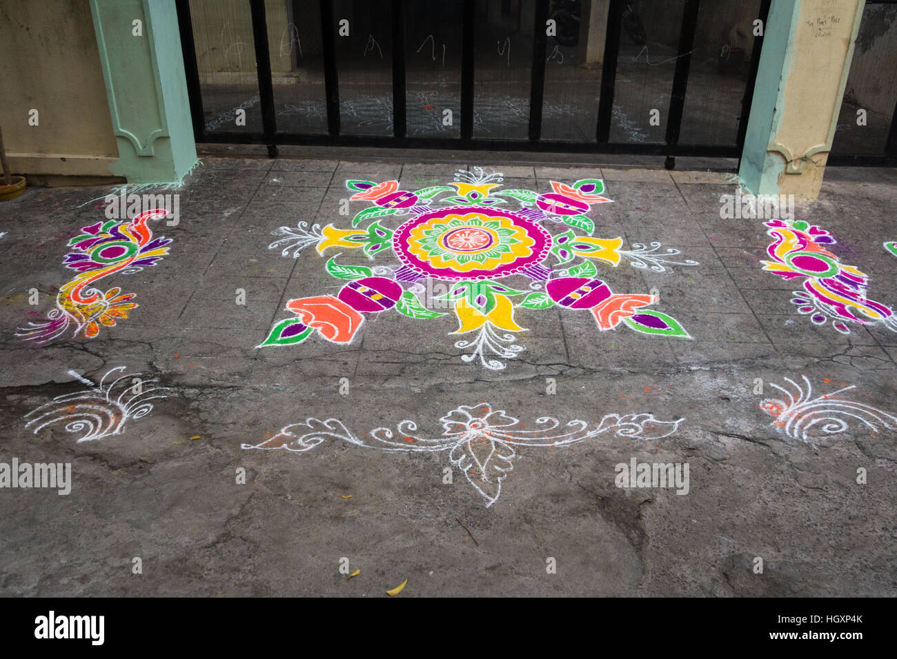 HYDERABAD, INDIA - JANUARY 14,2017 Decorative floral patterns known as Rangoli outside a home on Pongal festival in Hyderabad Stock Photo