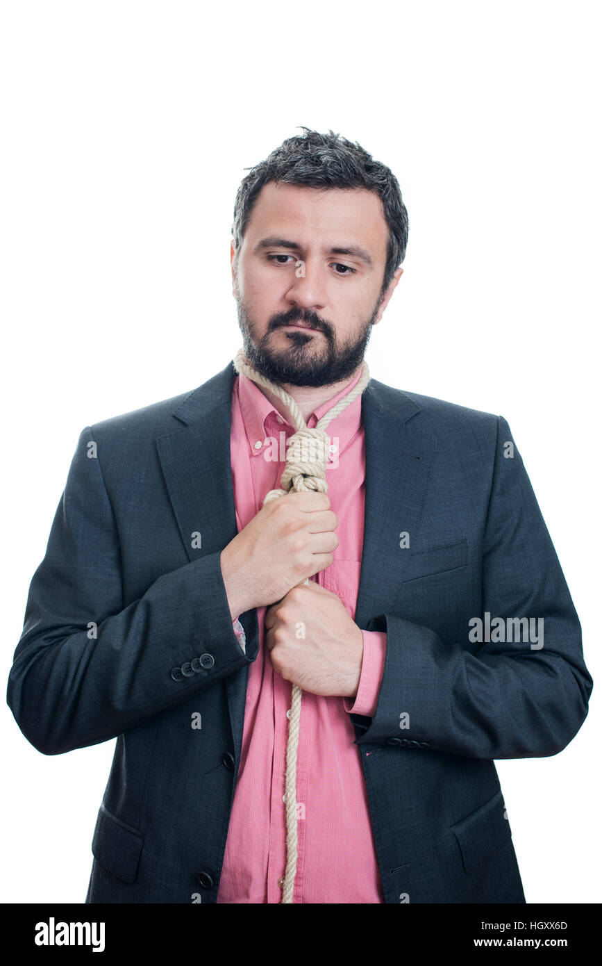 Portrait of a businessman with a gallows rope as tie Stock Photo