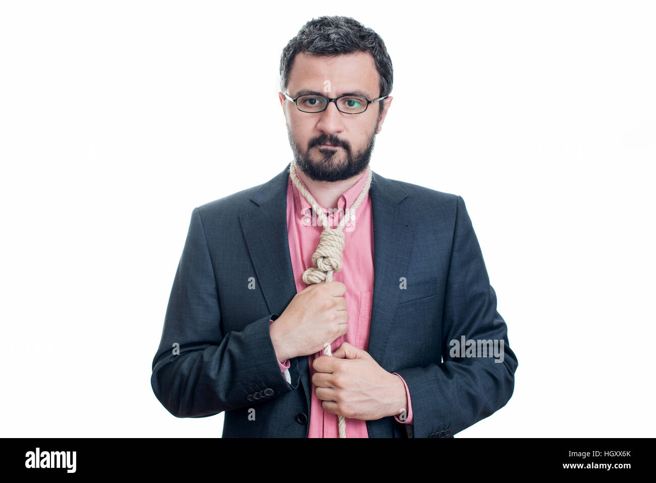 Portrait of a businessman with a gallows rope as tie Stock Photo