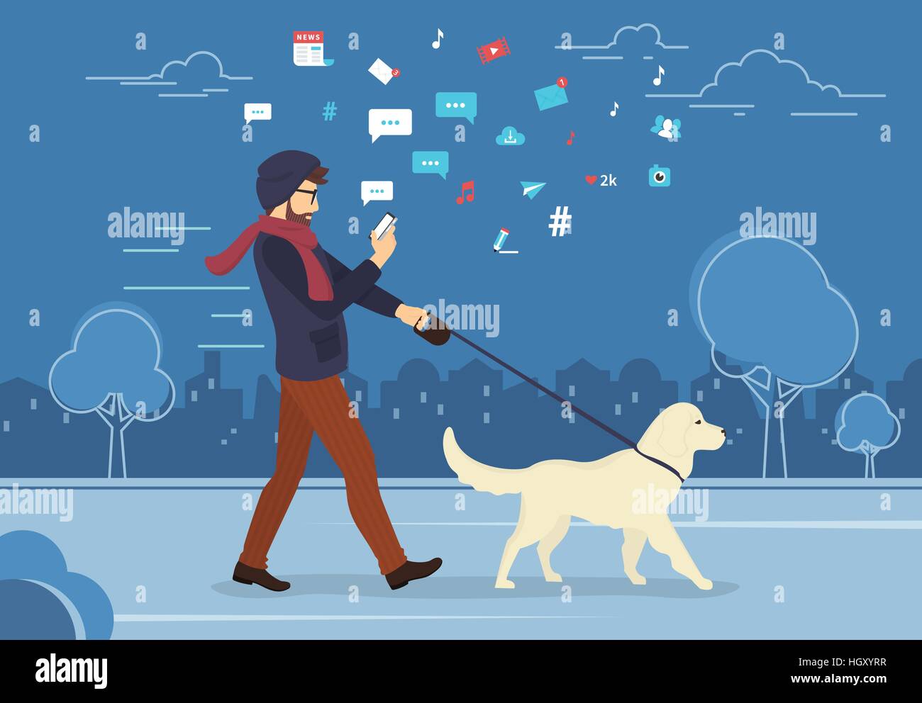 Young man walking outdoors with his dog in the evening Stock Vector ...