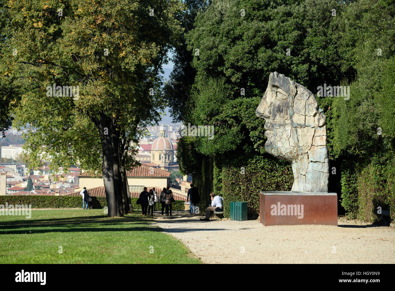 Florence. Italy. Boboli Gardens (Giardini di Boboli) and the bronze sculpture Tindaro Screpolato (1998) by Igor Mitoraj (1944-2014). Stock Photo