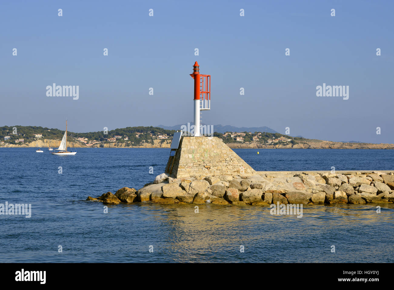 Beacon in the port of Bandol in France Stock Photo