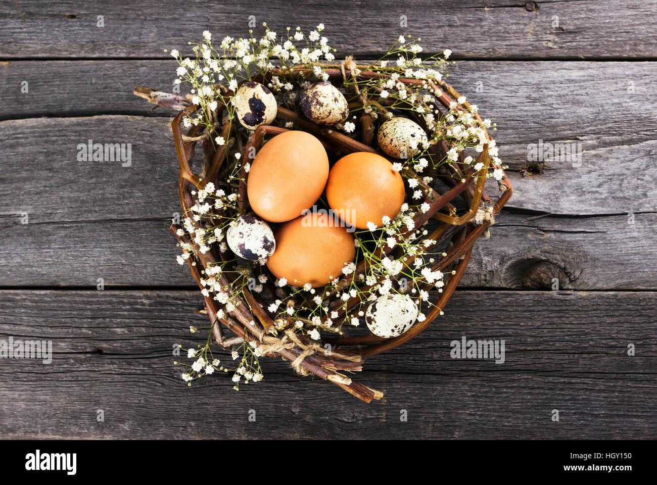 Eggs in nest decorated with flowers against dark background Stock Photo ...