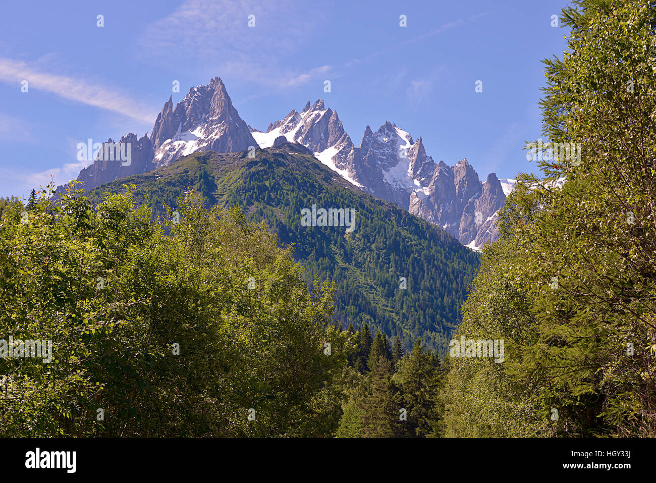 Mountain and trees at Le Lavancher, commune near of Chamonix in the French Alps in the Haute-Savoie department of France Stock Photo