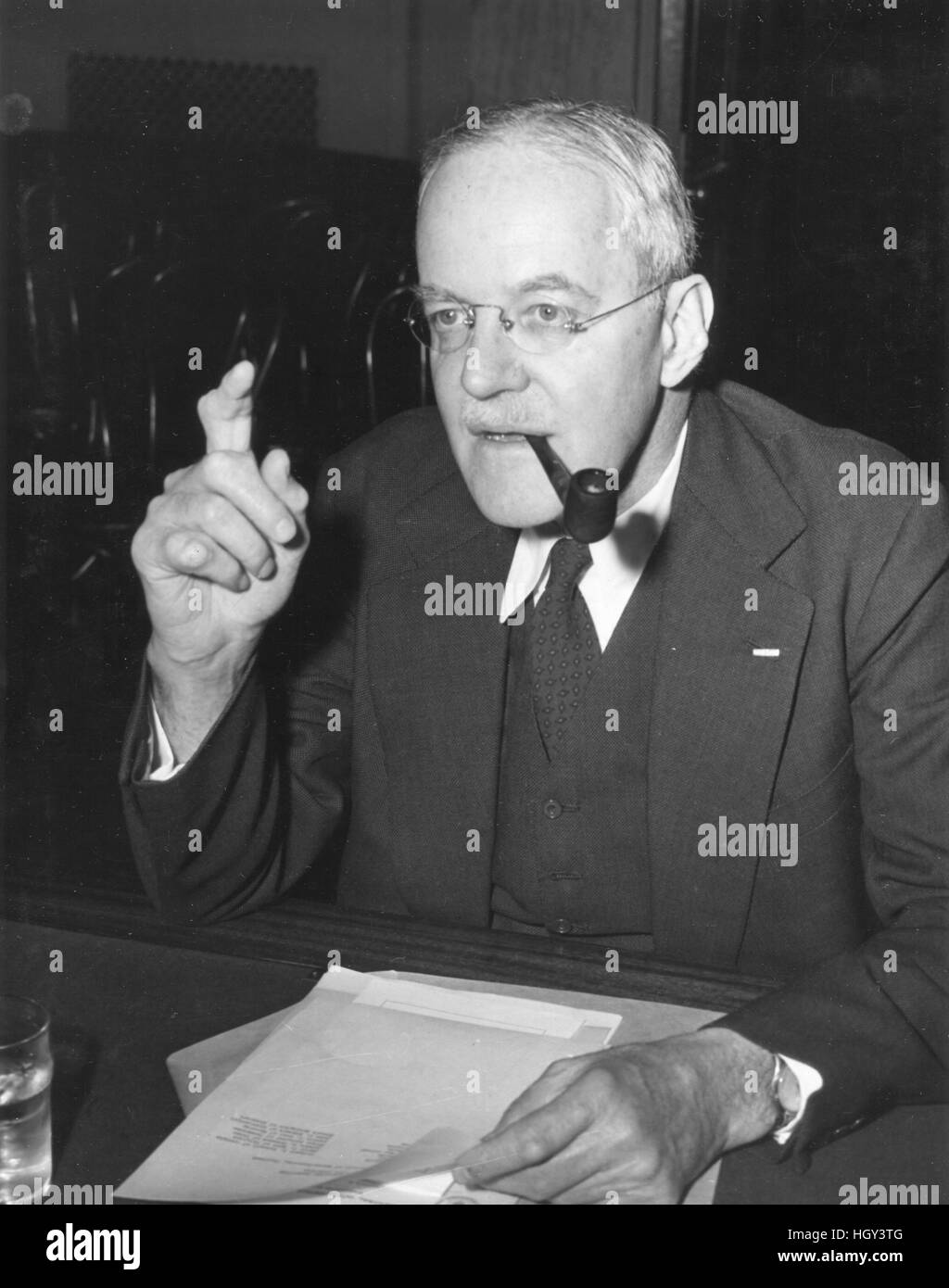 Allen Dulles, nominated to be Director of the Central Intelligence Agency, is shown appearing before the Senate Armed Services Committee. Stock Photo