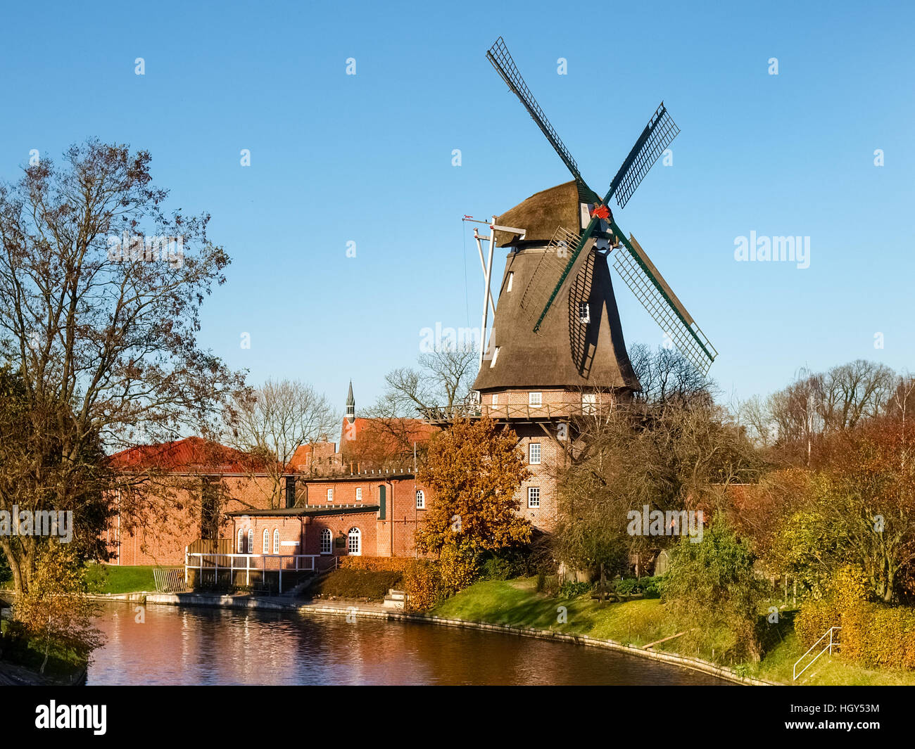 Hinte, Germany - November 4, 2011: The Mill Hinte is the only windmill in the municipality of Hinte district Aurich im Ostfriesland. The Mill was erec Stock Photo