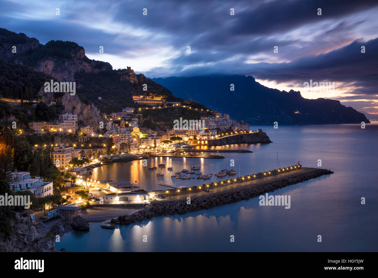 Early morning twilight view of Amalfi, Gulf of Salerno, Campania, Italy Stock Photo