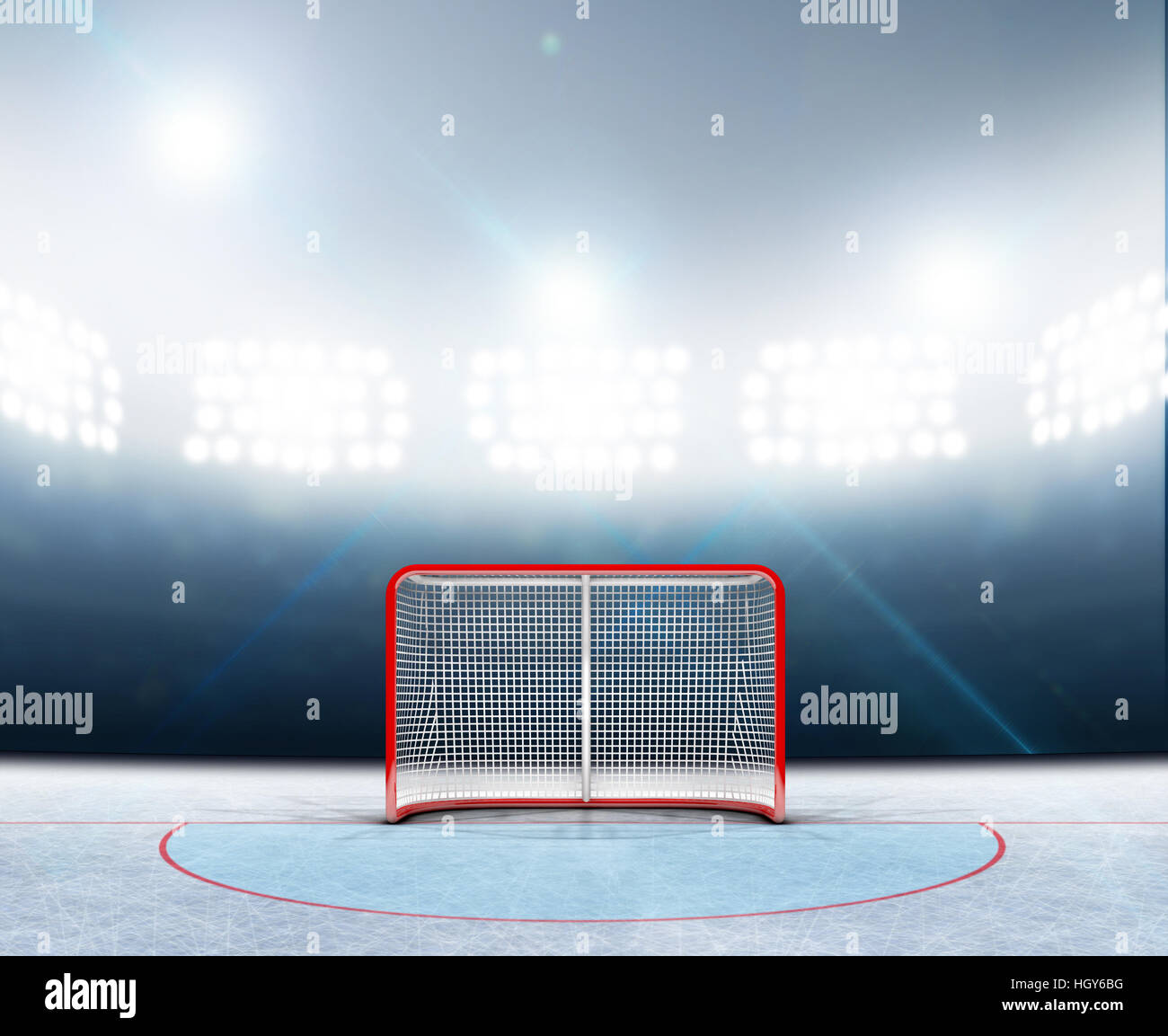 A 3D render of an ice hockey rink stadium with a red goal under