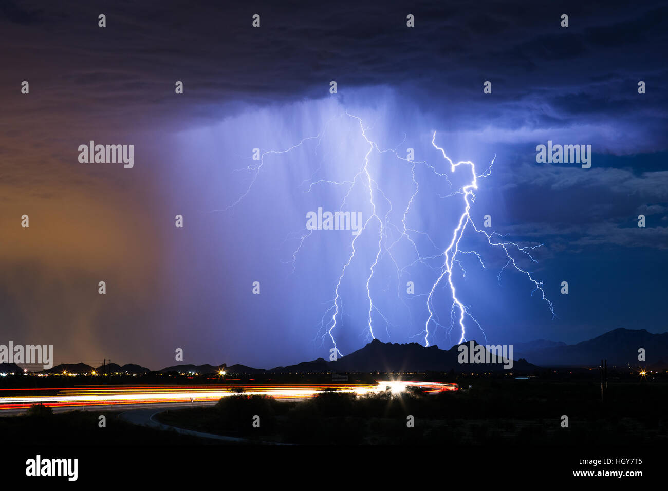 Night sky and lightning storm in Tucson, Arizona Stock Photo