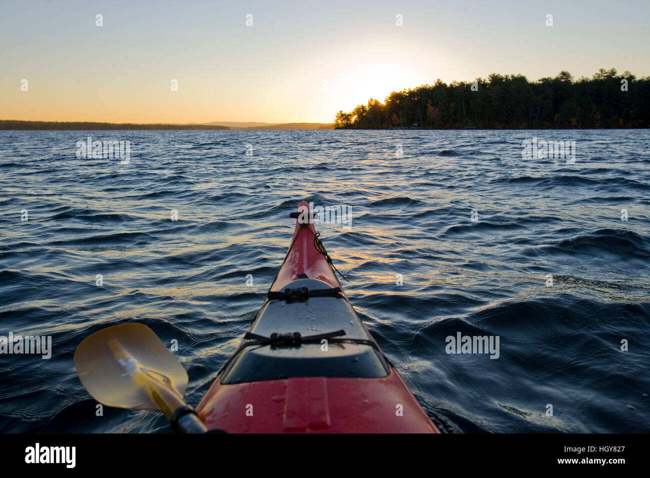 A kayak on at dawn on Lake Winnipesauke in Meredith, New Hampshire