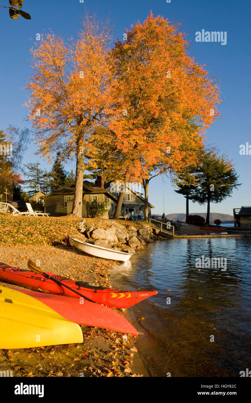 Kayaks on the shore on Lake Winnipesauke at Oliver Lodge in Meredith