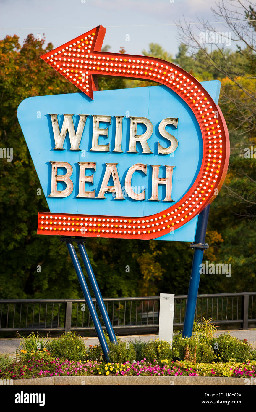 The historic Weirs Beach sign in Laconia, New Hampshire.  Lake Winnipesauke. Stock Photo