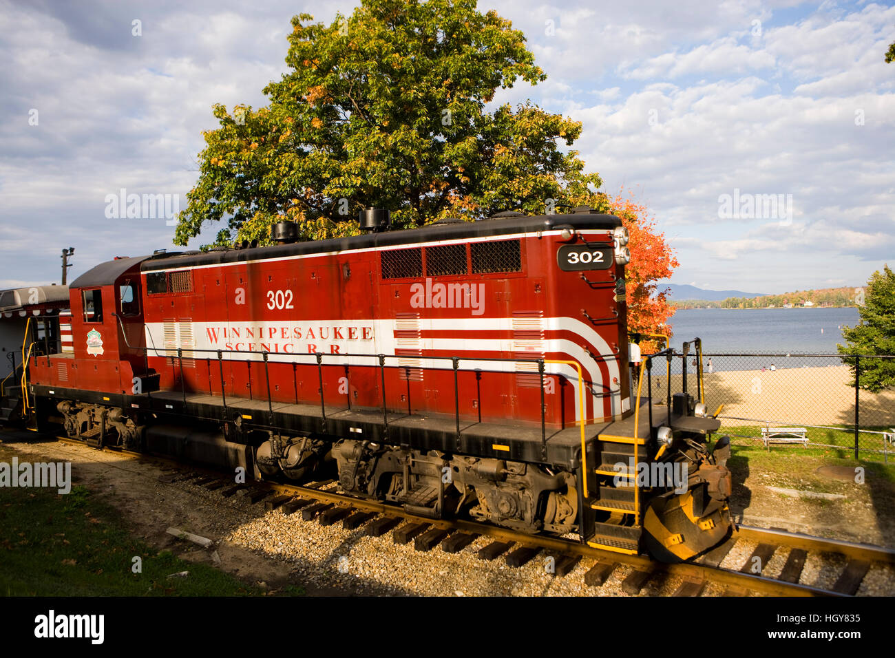 Scenic railroad at Weirs Beach in Laconia, New Hampshire.  Lake Winnipesauke. Stock Photo