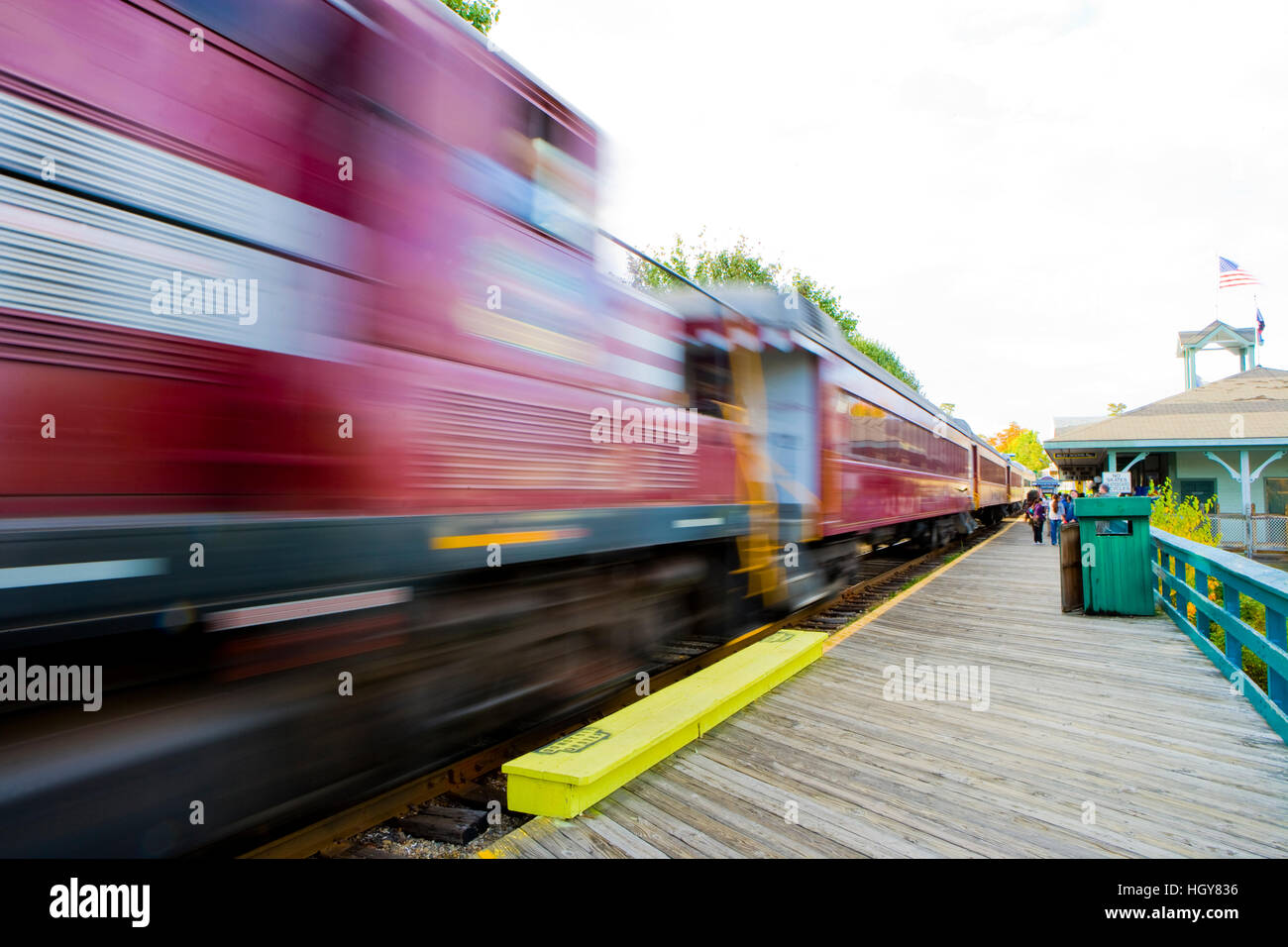 Scenic railroad at Weirs Beach in Laconia, New Hampshire.  Lake Winnipesauke. Stock Photo