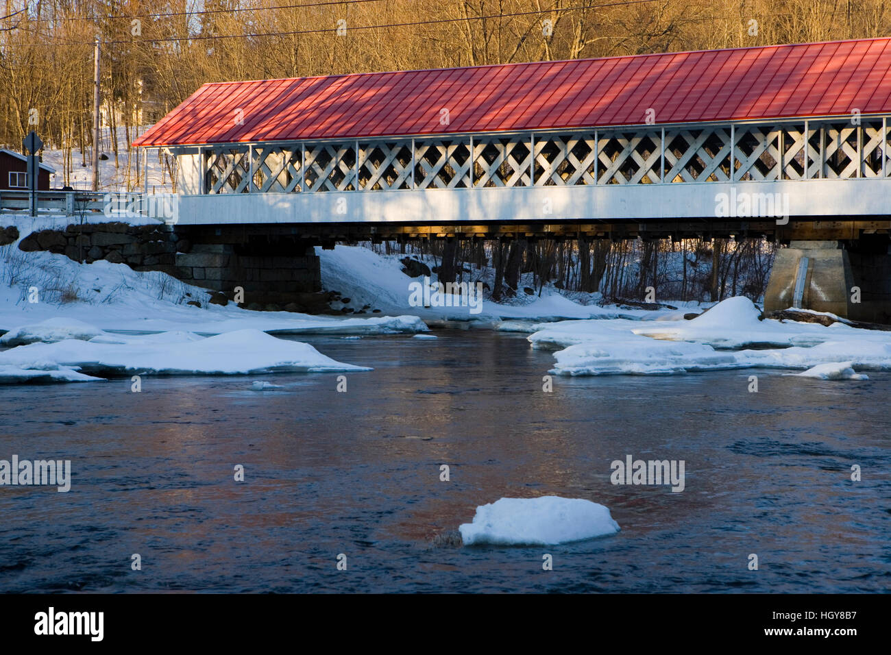 The Ashuelot Covered Bridge spans the Ashuelot River in Winchester, New