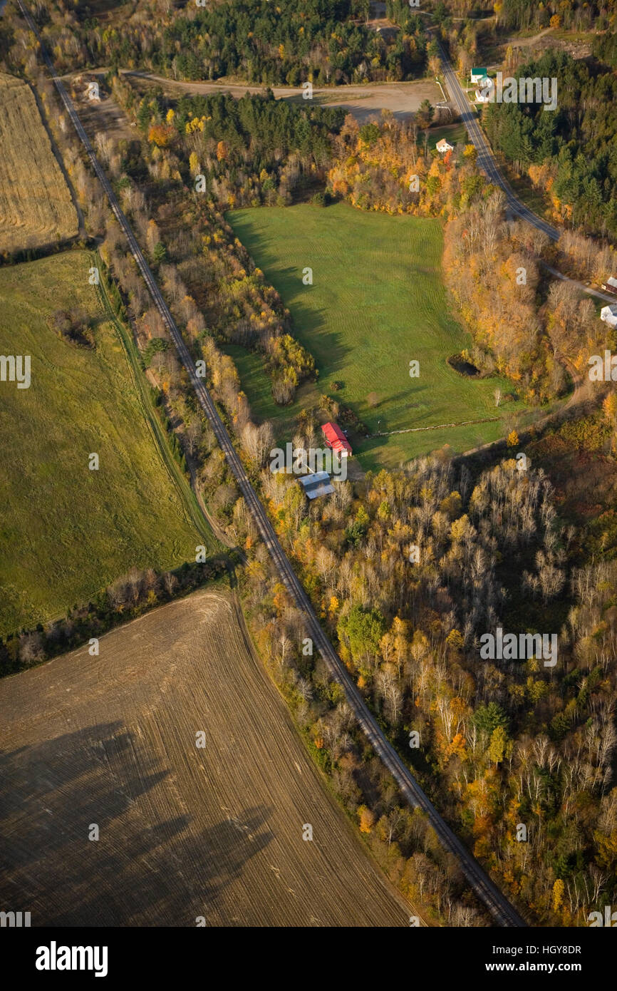 An aerial view of farms and US Route 3 in Stratford, New Hampshire ...