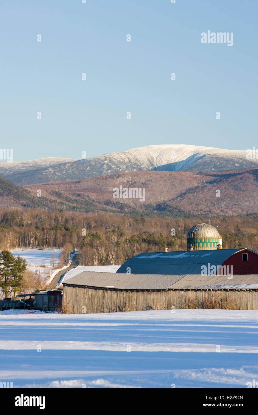 A farm in winter in North Haverhill, New Hampshire. Mount Moosilauke is