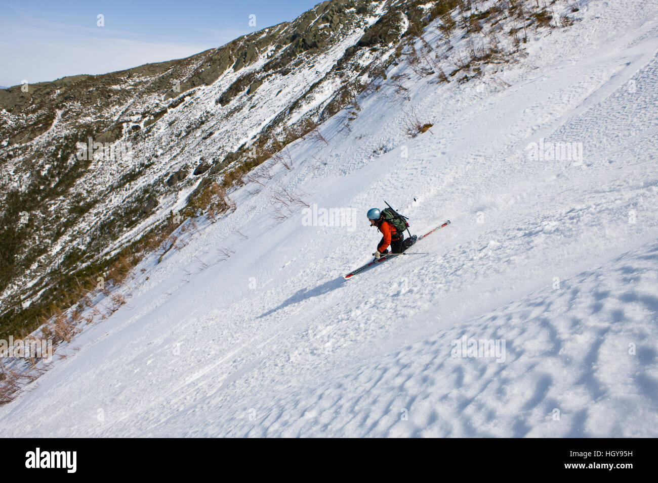 Telemark skiing "The Seven" in the Great Gully on the headwall of King